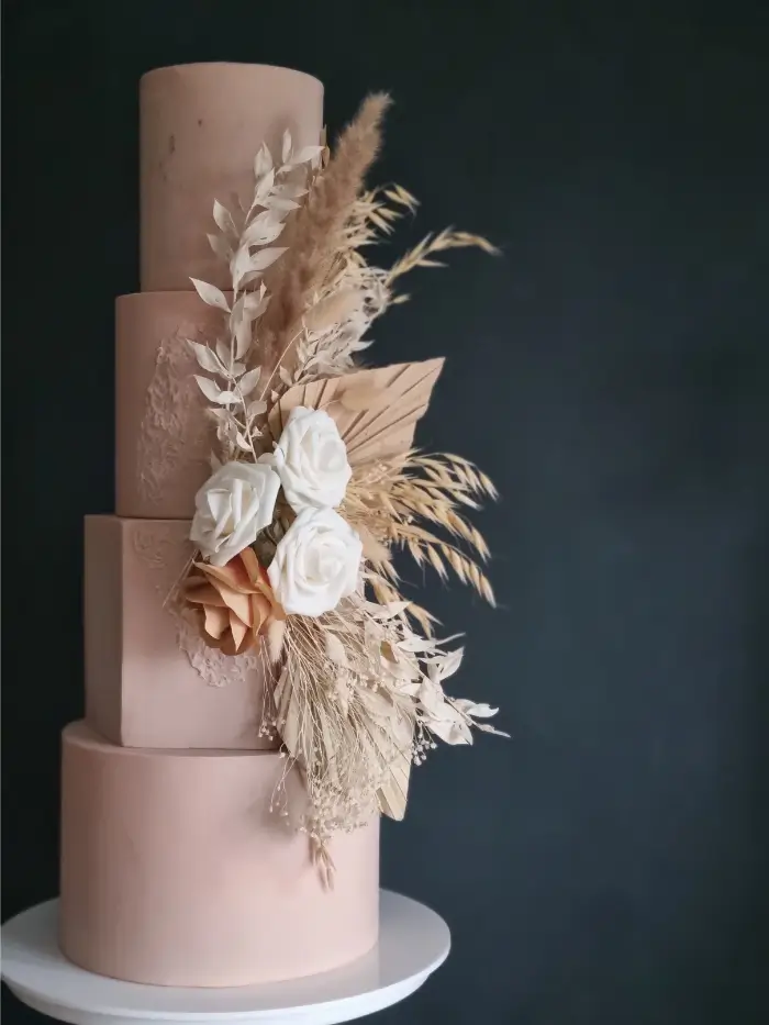 Neutral modern wedding cake textured flowers