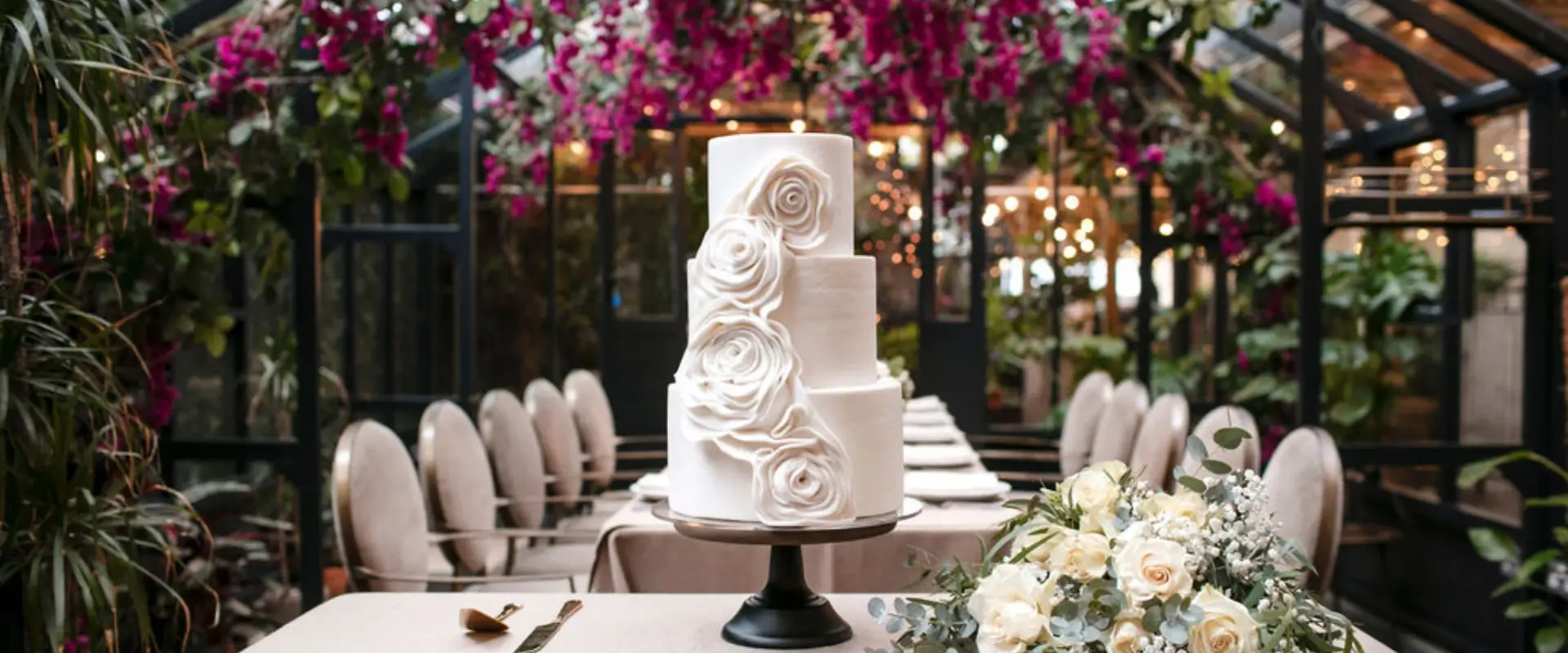3 tier contemporary rosette style wedding cake at The Greenhouses, London