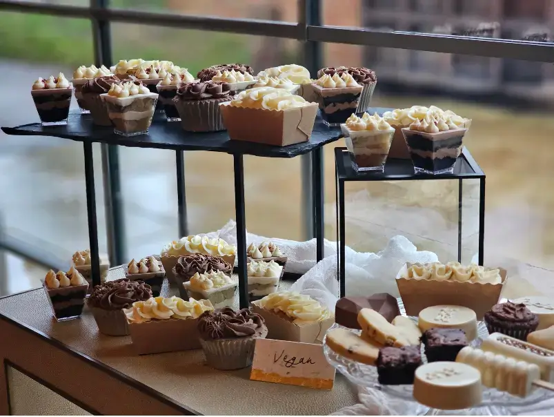 Vegan wedding dessert table at wilderness reserve suffolk
