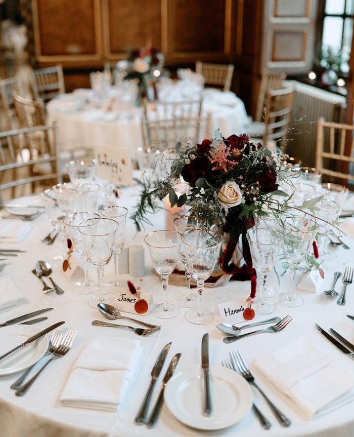 Round wedding table ideas at Gosfield Hall, Essex
