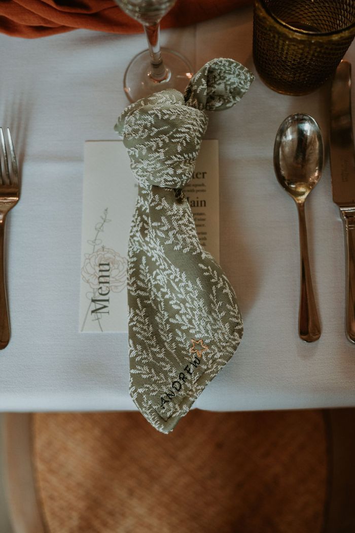 Personalised wedding napkin with hand stitched name at Butley Pirory Surrey