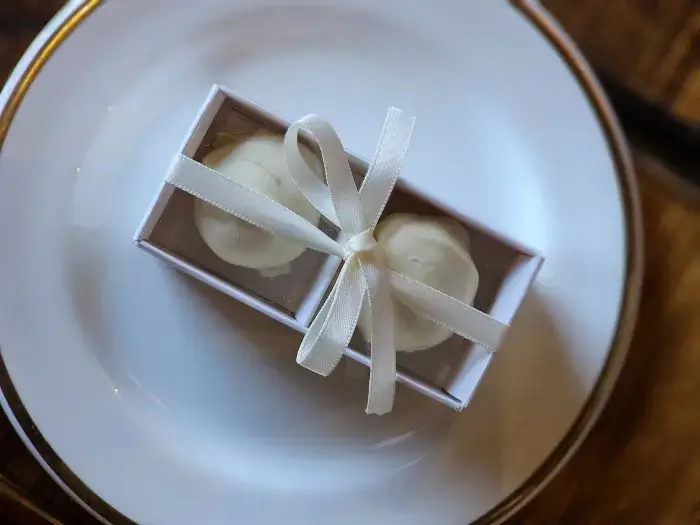 Handmade Belgium white chocolate truffles boxed and ribboned for wedding favours