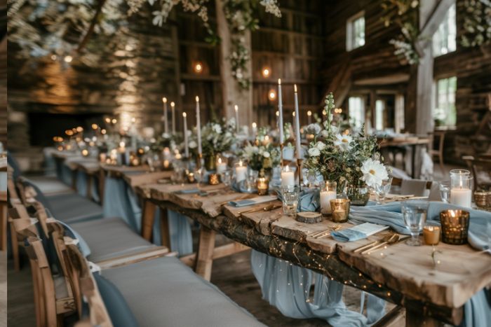 Rustic barn wedding table setting in hues of muted bllue