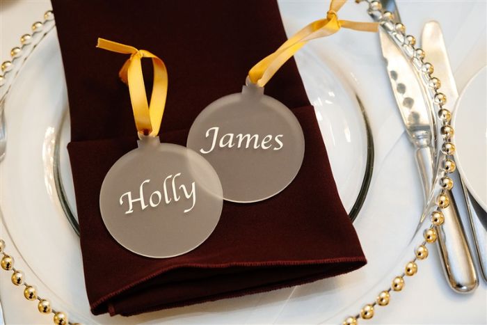 Bauble wedding place names at hengrave hall in Suffolk