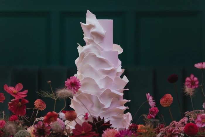Statement contemporary ruffle cake Colours London Fondant ganache and buttercream wedding cake with fondant ruffles Colours London