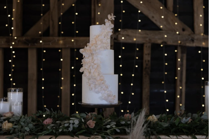 Modern and romantic 3 tier wedding cake with texture and delicate wafer paper petals Kent