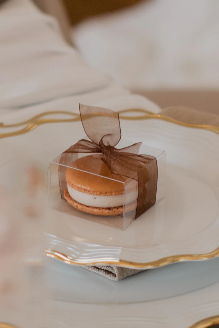 Single boxed macaron wedding favour tied with ribbon at Hirst Priory Crowle Doncaster