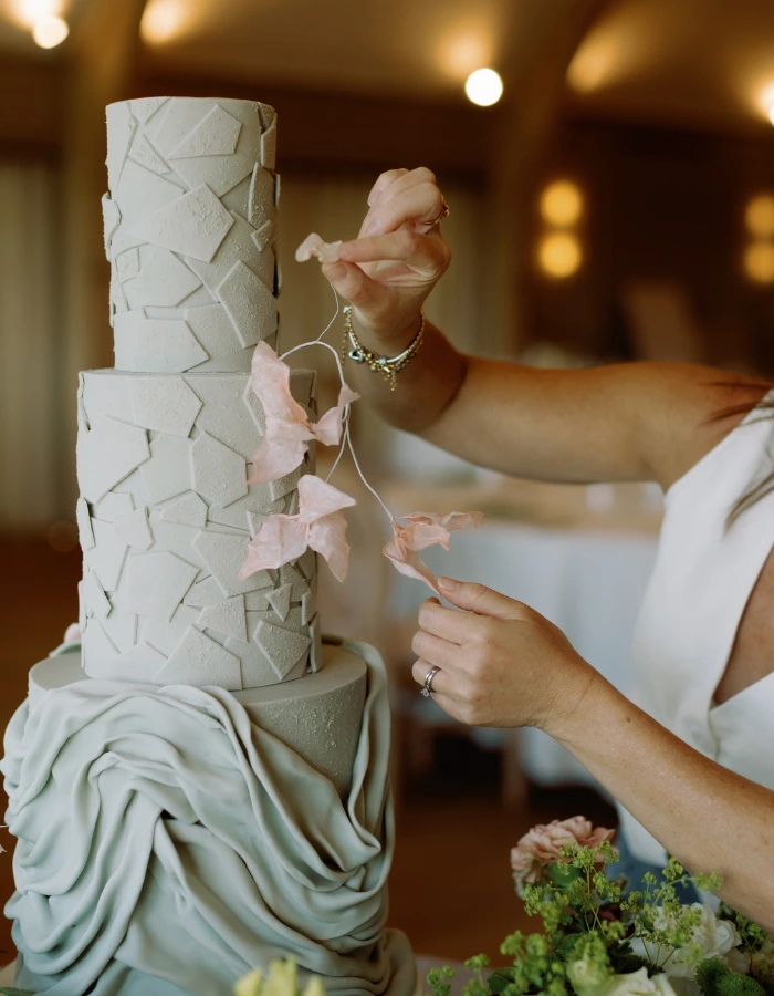 Sue Hurst Cake Design with textured draped wedding cake at the Marquis Suffolk