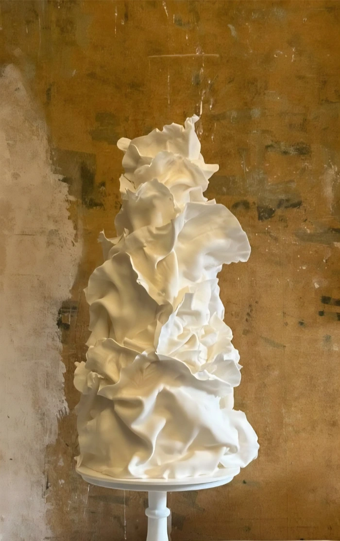 Statement white ruffle wedding cake with movement effect Old Sessions House London