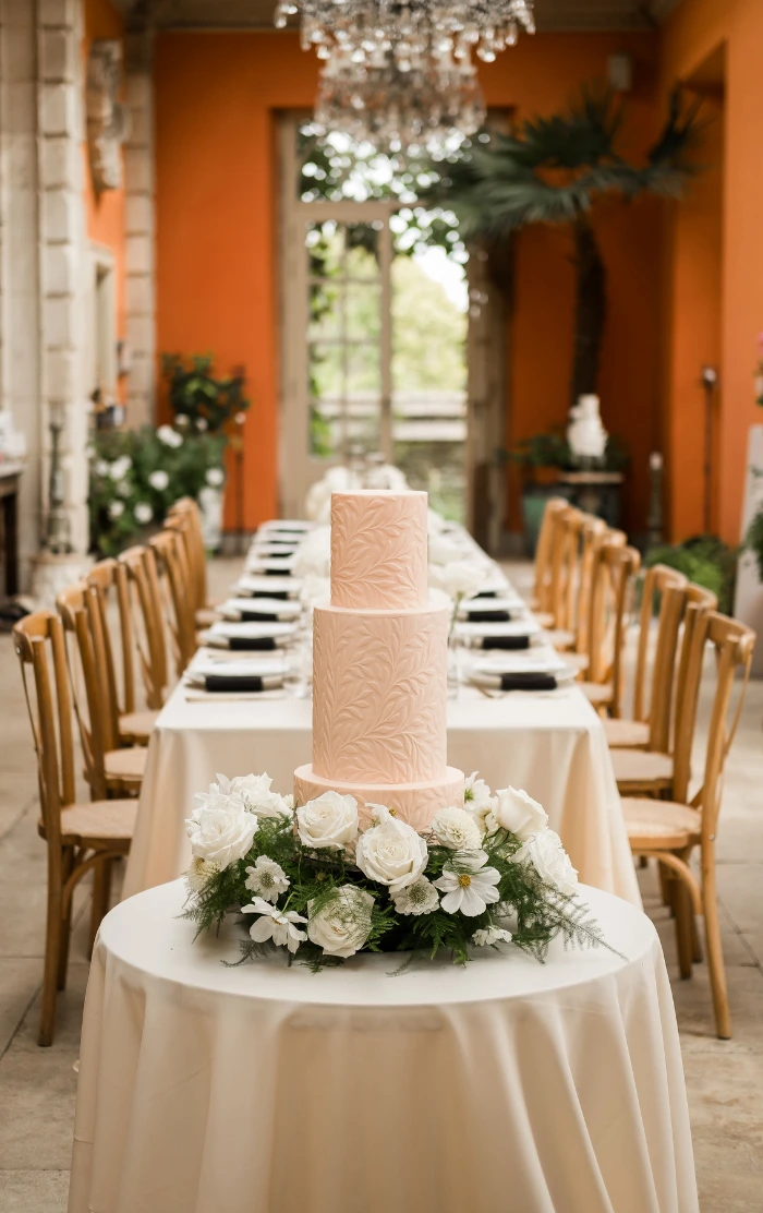 Contemporary leaf textured minimalist wedding cake in peach tones in the Orangery at Euridge Manor, Wiltshire