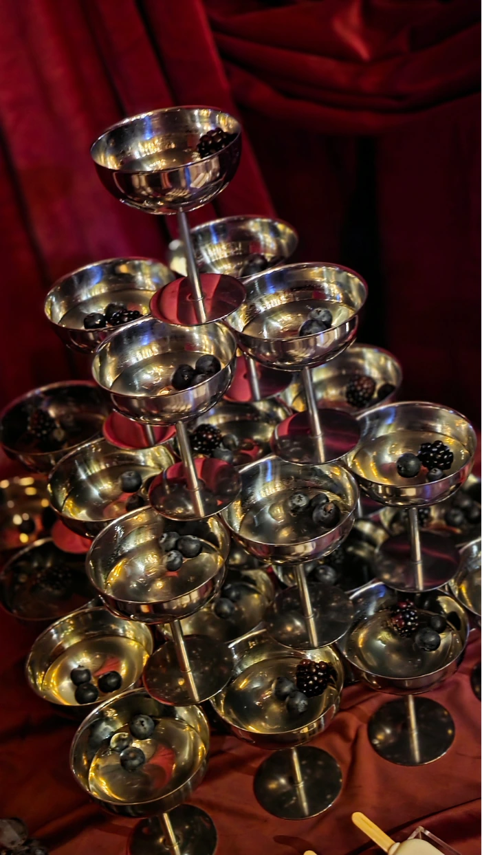 Prosecco jelly and fruit champagne coupe tower at Blyth Estate, Wilderness Reserve, Suffolk