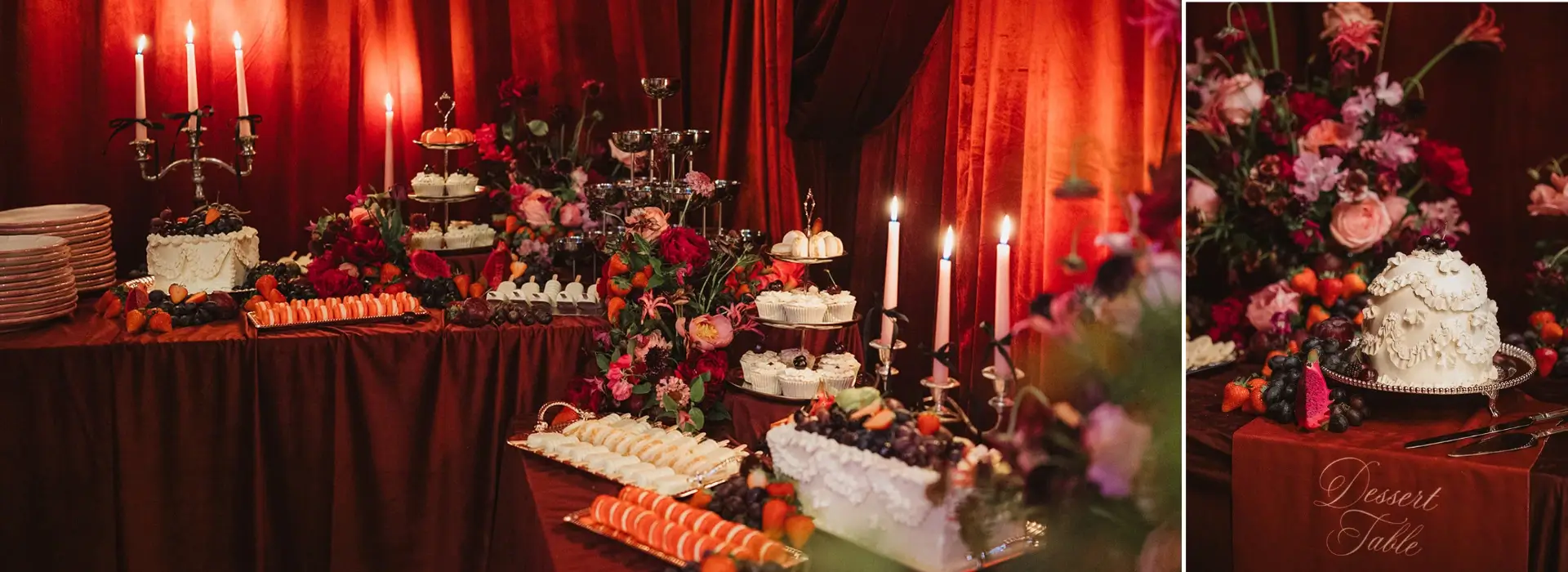 Stunning red draped wedding dessert table at the Wilderness Reserve, Suffolk